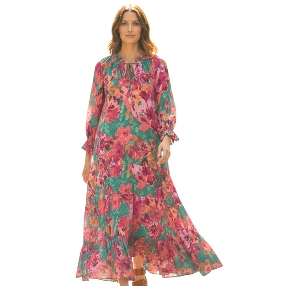 Easel Tiered Romantic Floral Flare Women size Small Oversized Boho Ruffle Dress